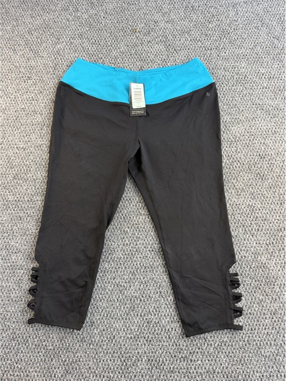 Torrid Active Crop Leggings Womens 2 Black Teal Strappy Hem Plus Size NWT